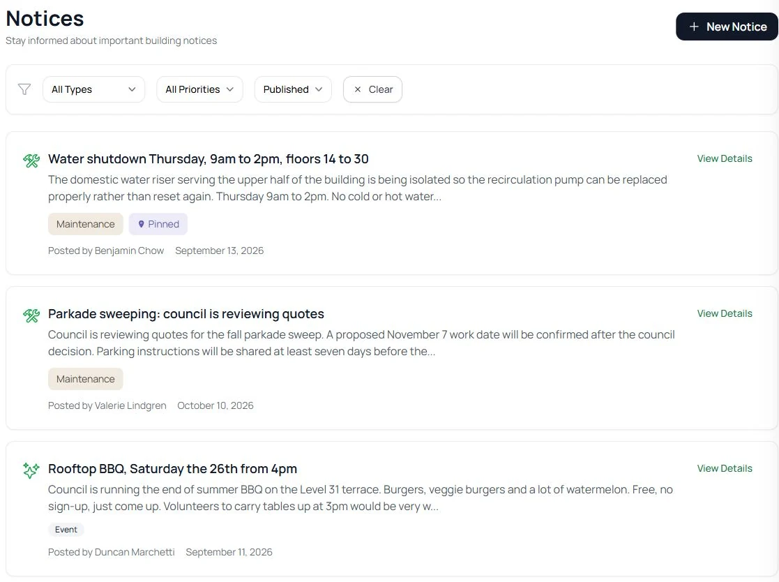 Building notice list with type and priority filters.