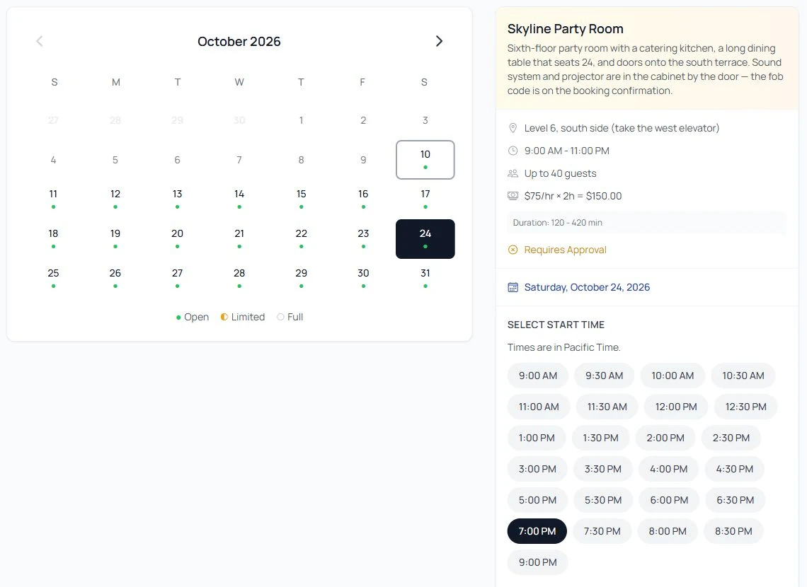 Skyline Party Room booking calendar with a selected date and start time.