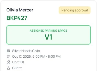 Visitor parking registration showing approval status, assigned stall, vehicle, and visit date and time.