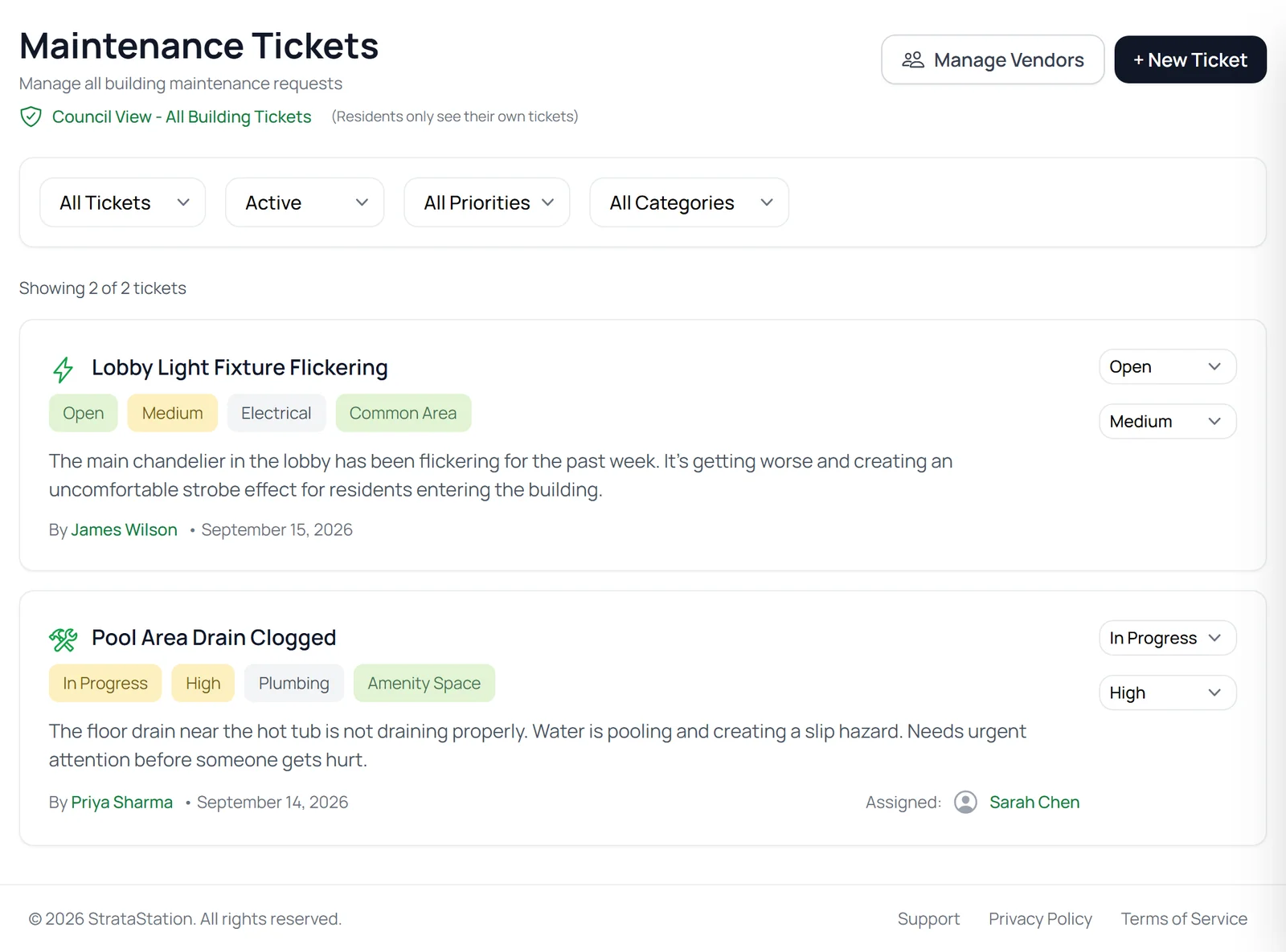 Maintenance ticket list with status, priority, and category filters.