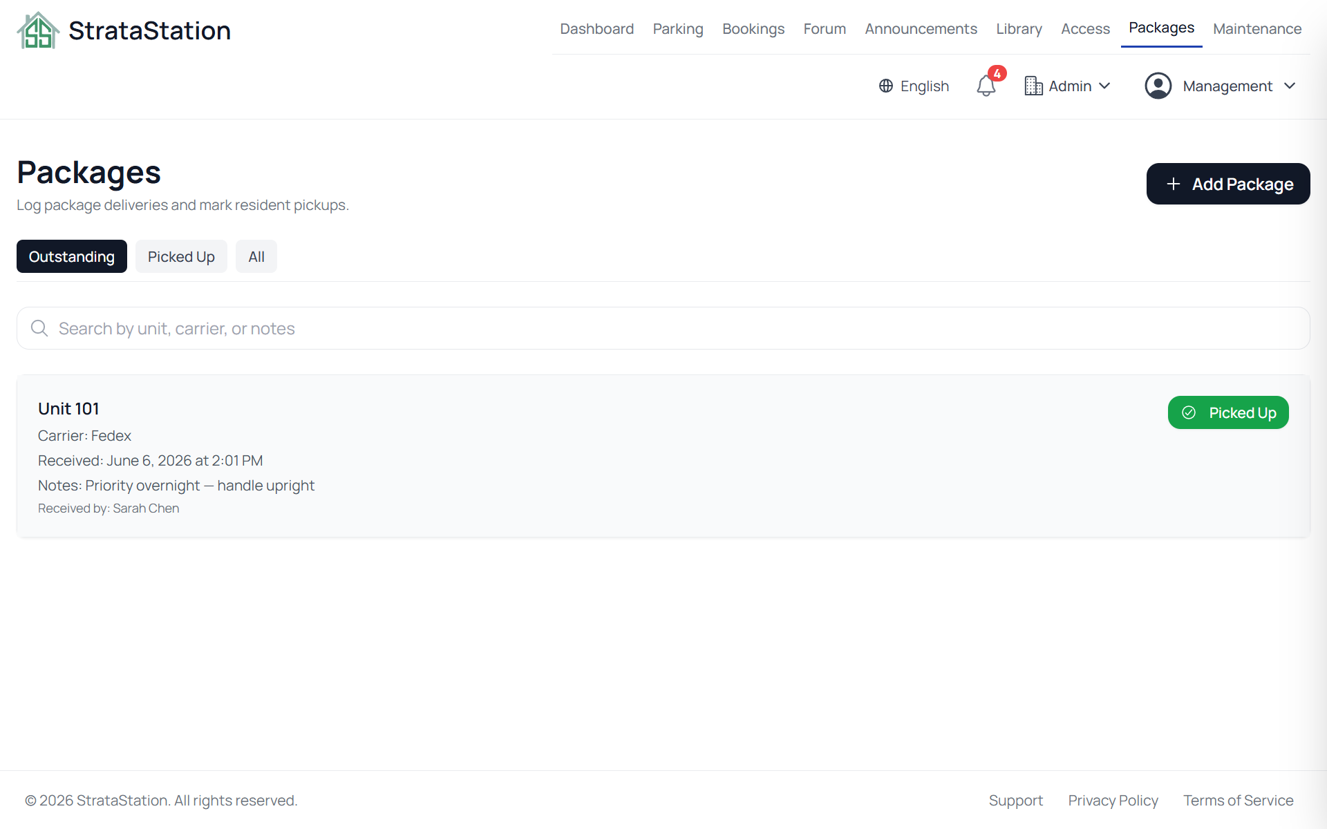 StrataStation Packages list view