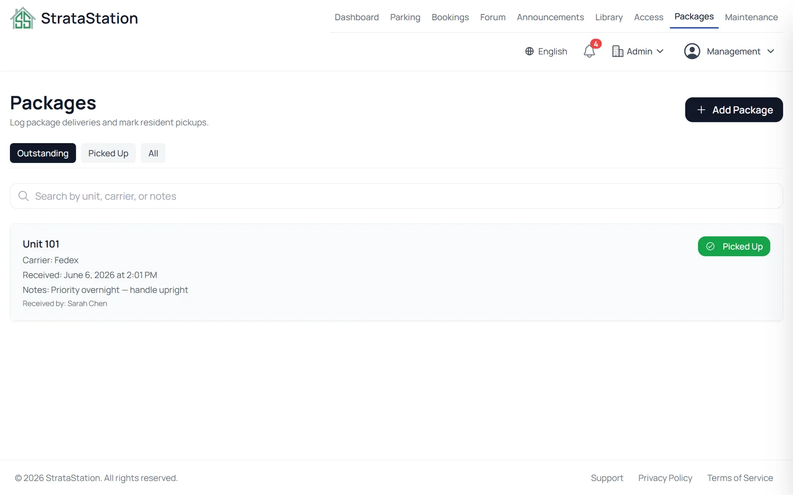 StrataStation Packages list view