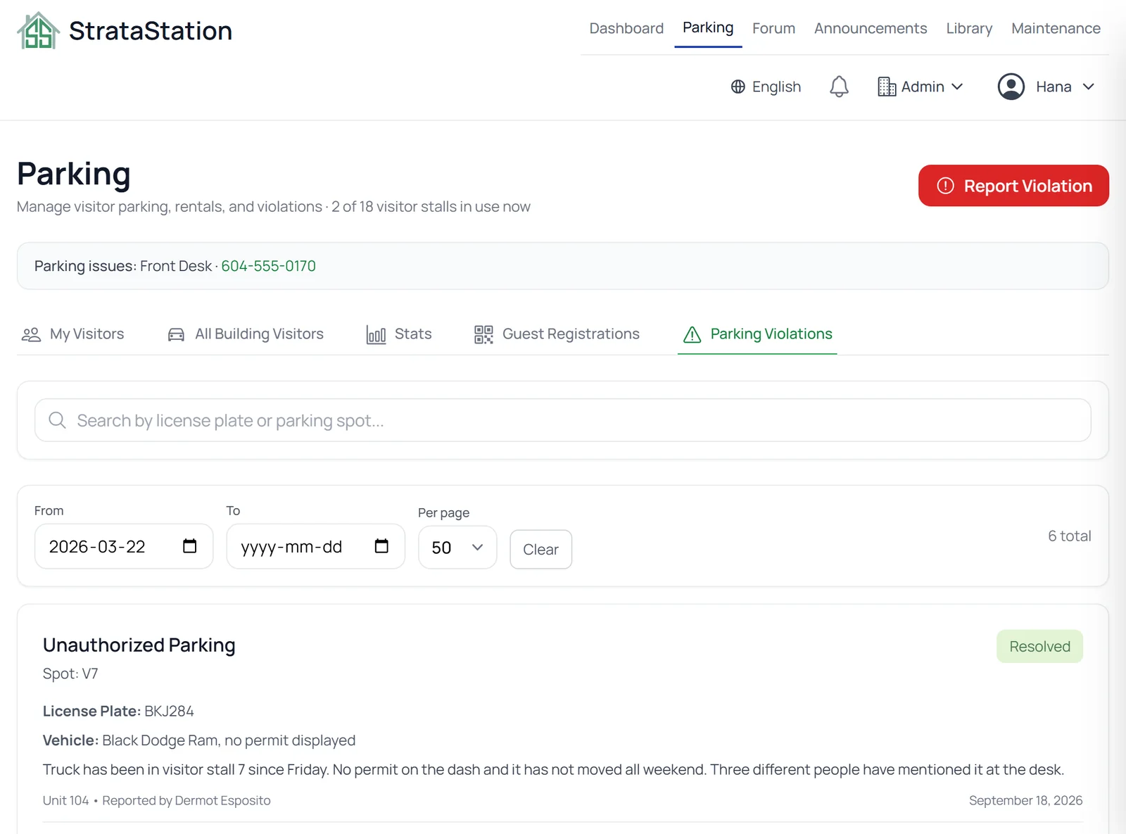Manage parking violations from report to resolution. - StrataStation screenshot