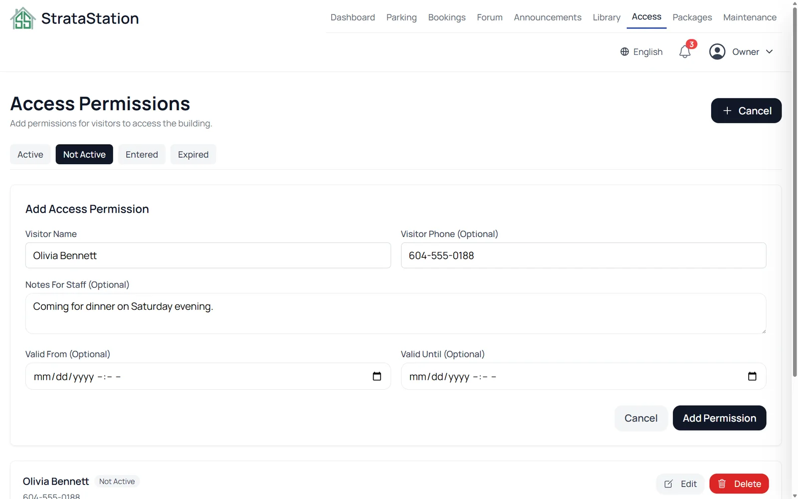 One visitor list, shared by residents and the front desk. - StrataStation screenshot