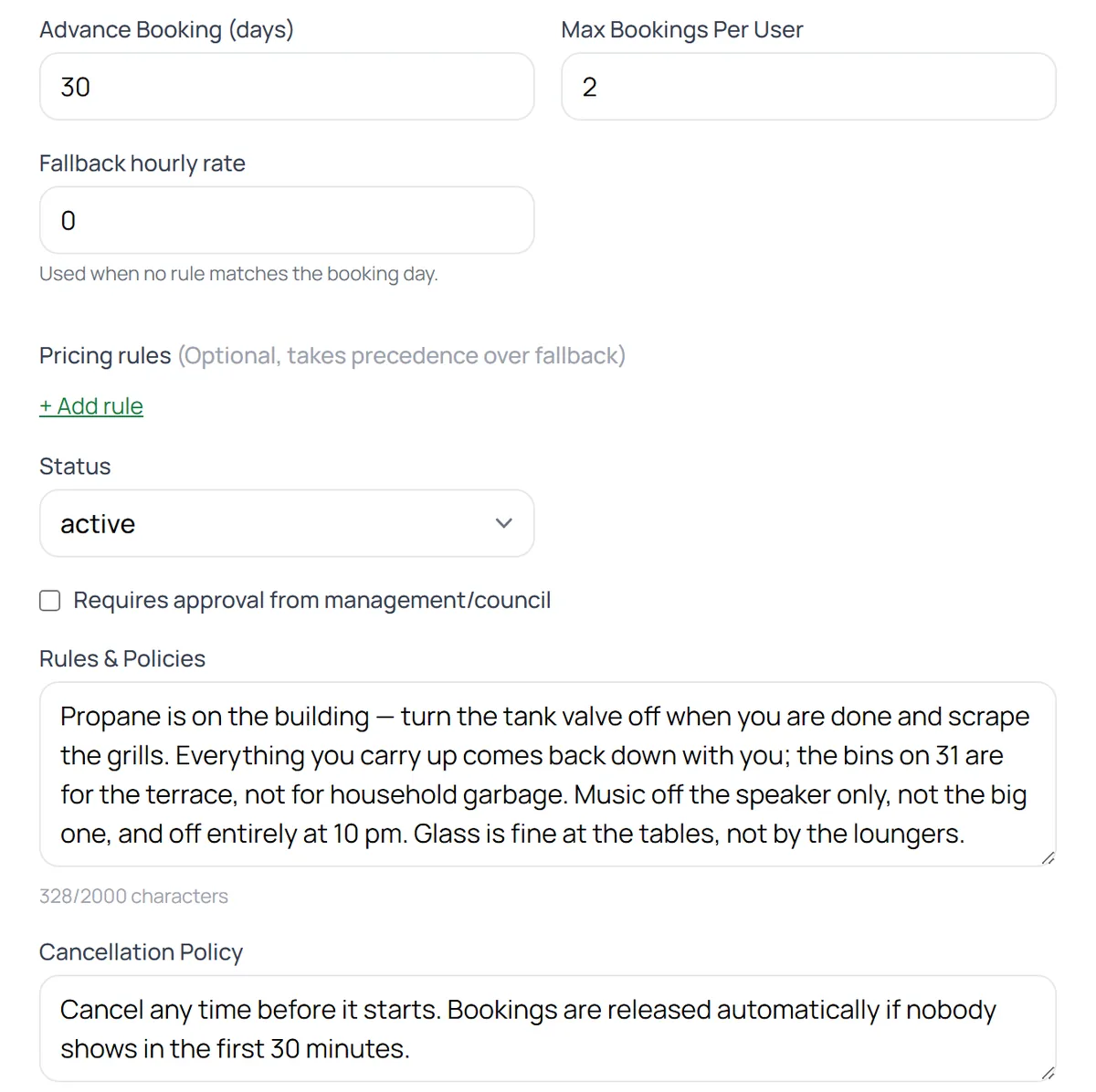 An amenity's booking rules: advance booking, bookings per person, rules, and cancellation policy