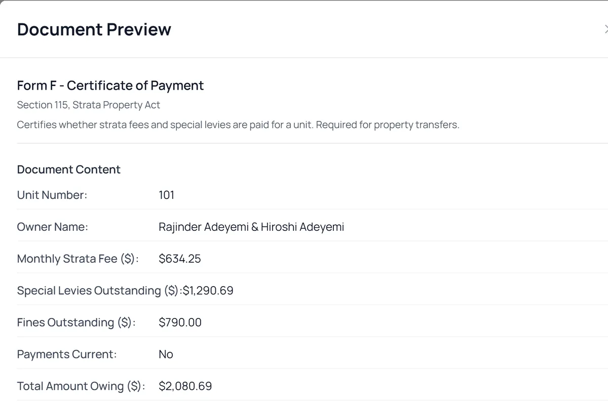 Form F filled in for a unit: monthly strata fee, special levies, fines, and total owing