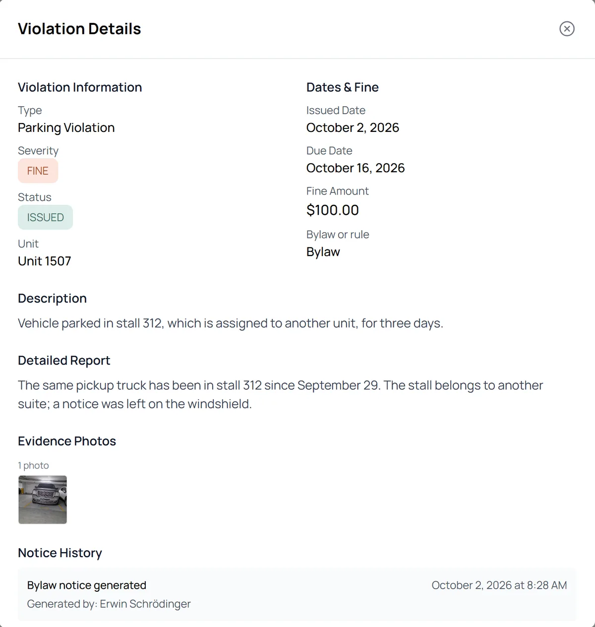 A parking violation with its photo, a $100.00 fine, and the bylaw notice history